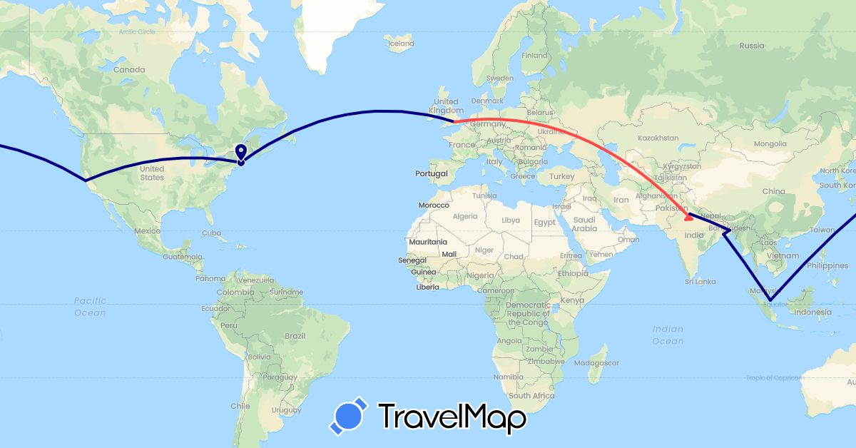 TravelMap itinerary: driving, hiking in Bangladesh, United Kingdom, India, Singapore, United States (Asia, Europe, North America)